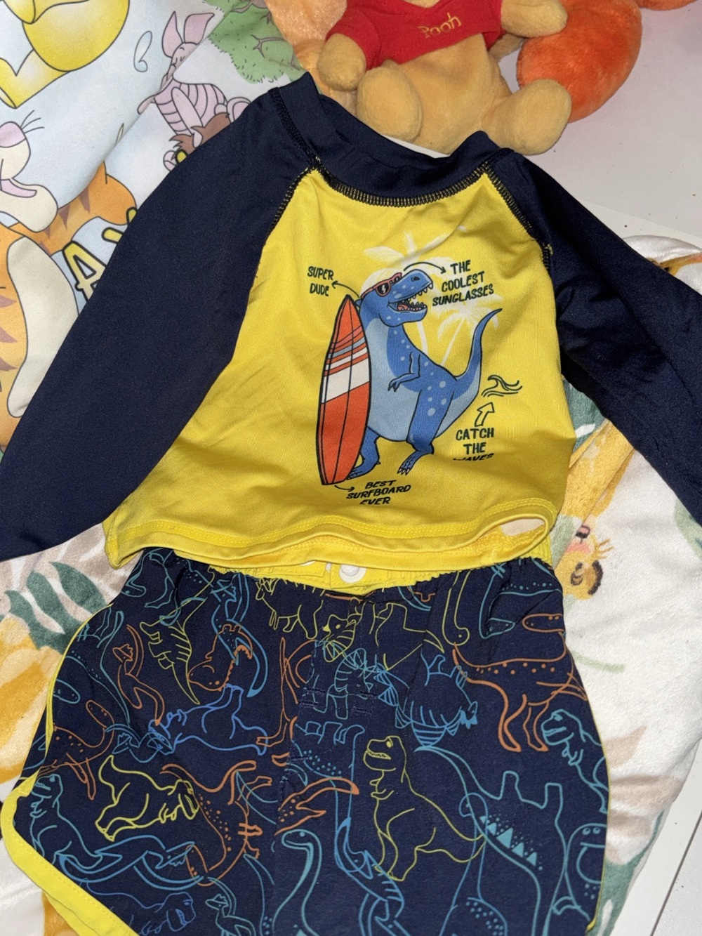 Yellow & Navy Dino Surf Rashguard Set